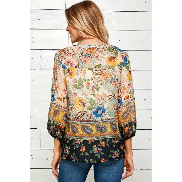 Anthropologie Fig & Flower Plus Size Flowing 3/4 Border Printed Sleeve Blouse - Picture 3 of 13